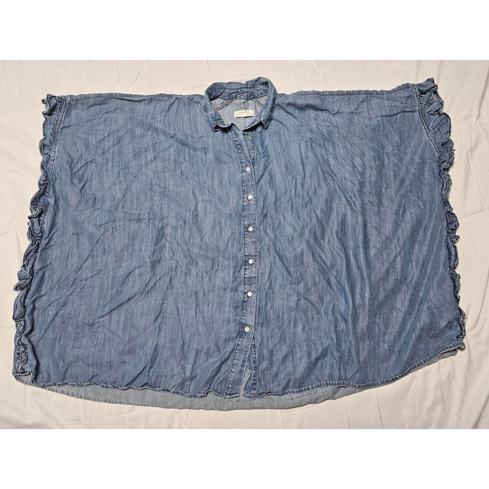 Zara Denim Poncho Top Womens Medium Blue Ruffle Trim Oversized Button Down